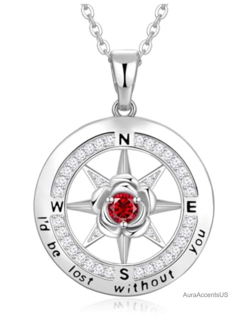 Compass Necklace 925 Sterling Silver 18K White Gold Plated Cubic Zirconia